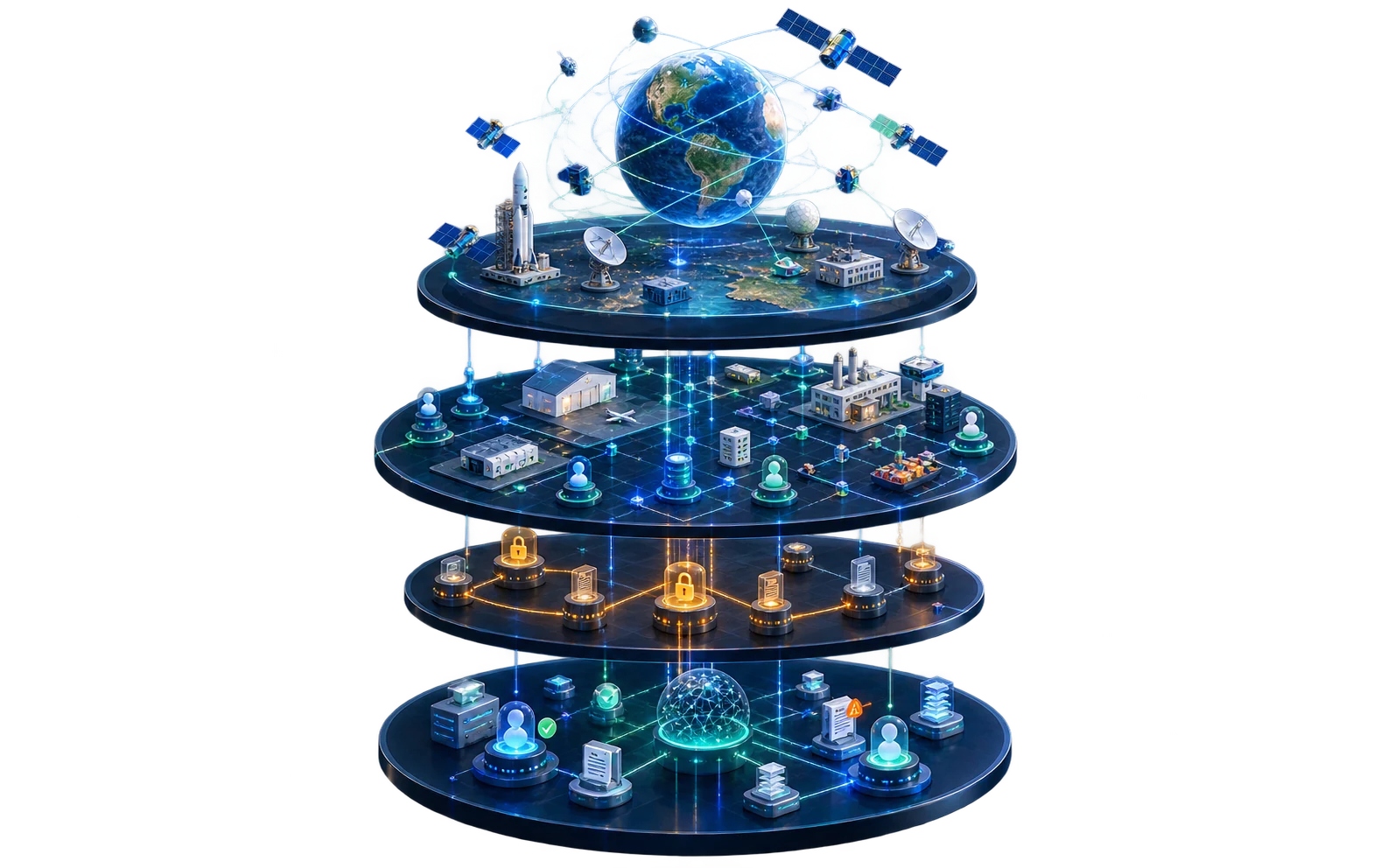 3D isometric concept linking space systems, industry data, verified identity, cryptographic proofs, smart contracts, and AI agents