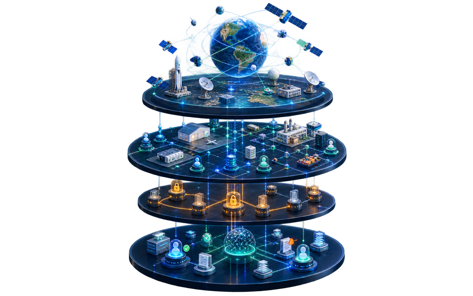 3D isometric concept linking space systems, industry data, verified identity, cryptographic proofs, smart contracts, and AI agents